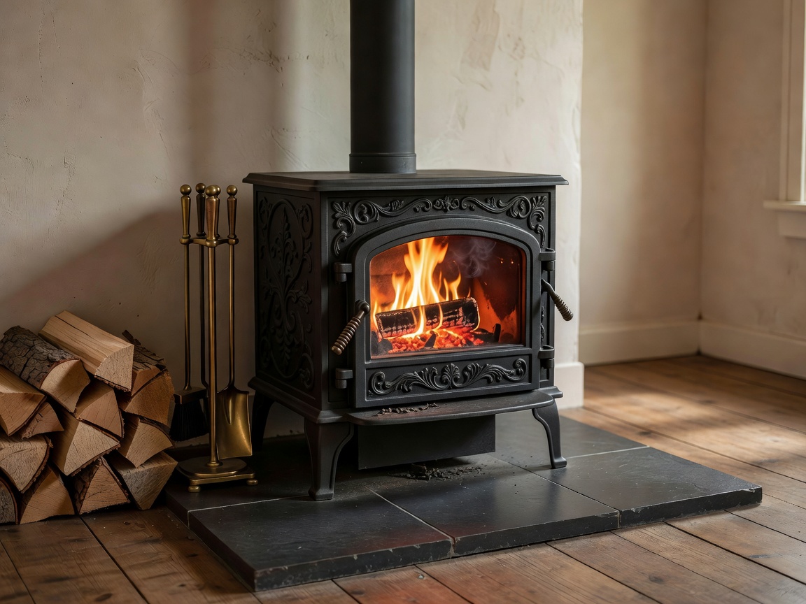Beautiful cast iron wood stove fireplace setup