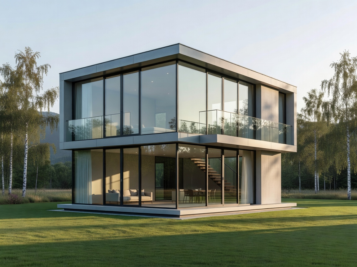 Sleek two-story modern portable villa with massive glass windows and mezzanine level.