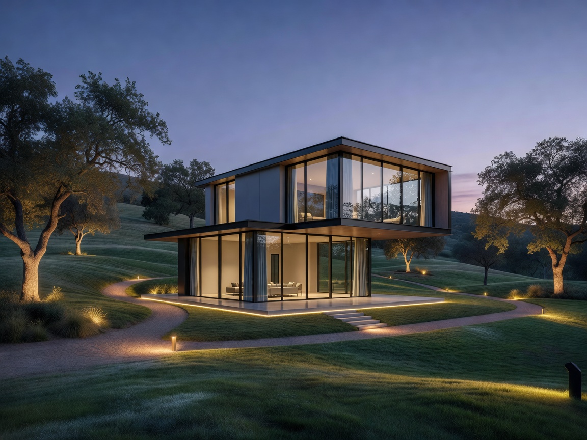 Beautiful modern two-tier glass-fronted portable house with ambient landscape lighting.