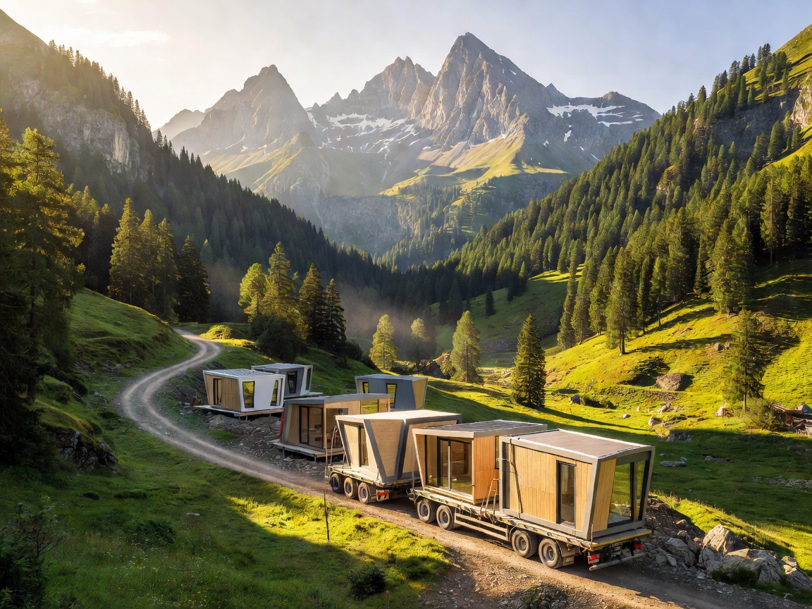 Beautiful sunlit peaks and pine valleys in alpine Europe where modular cabins are delivered.