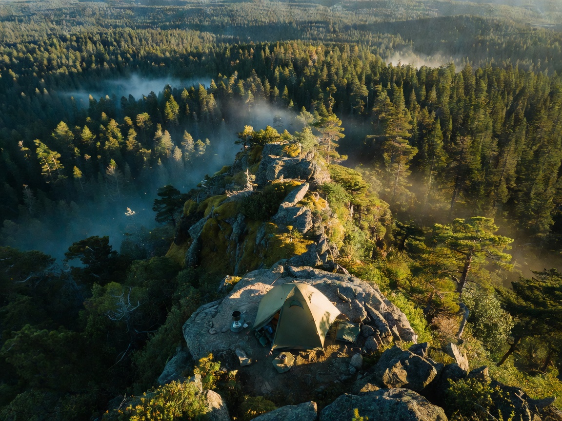 Deep forest mountain peak wild camping view
