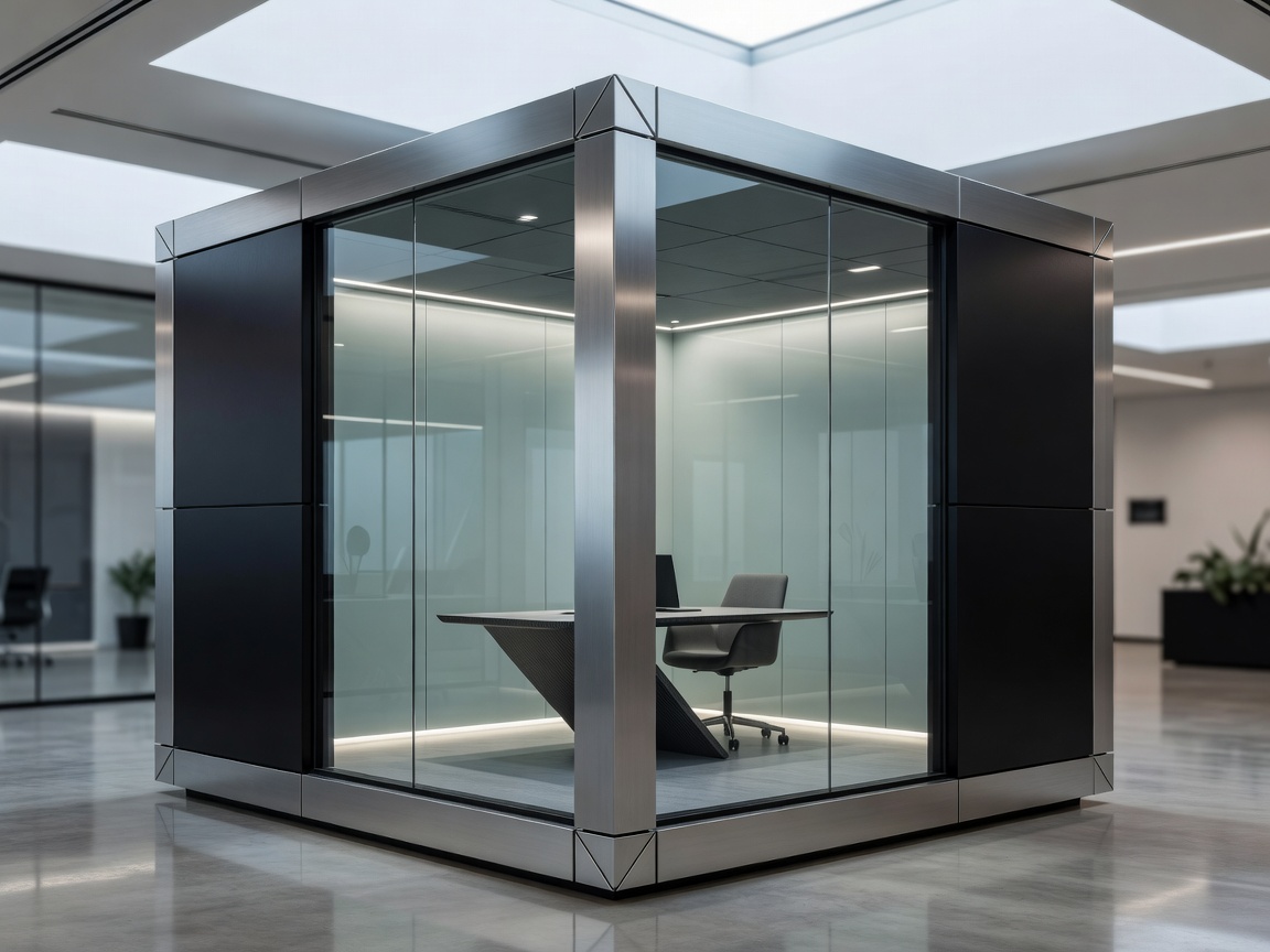 Futuristic cubic modular office pod with high-end architectural metal framing.
