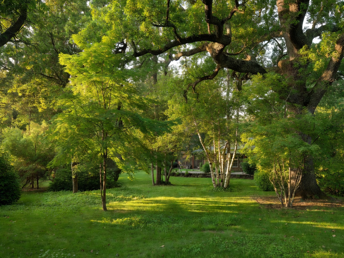 Lush backyard residential tree elements context