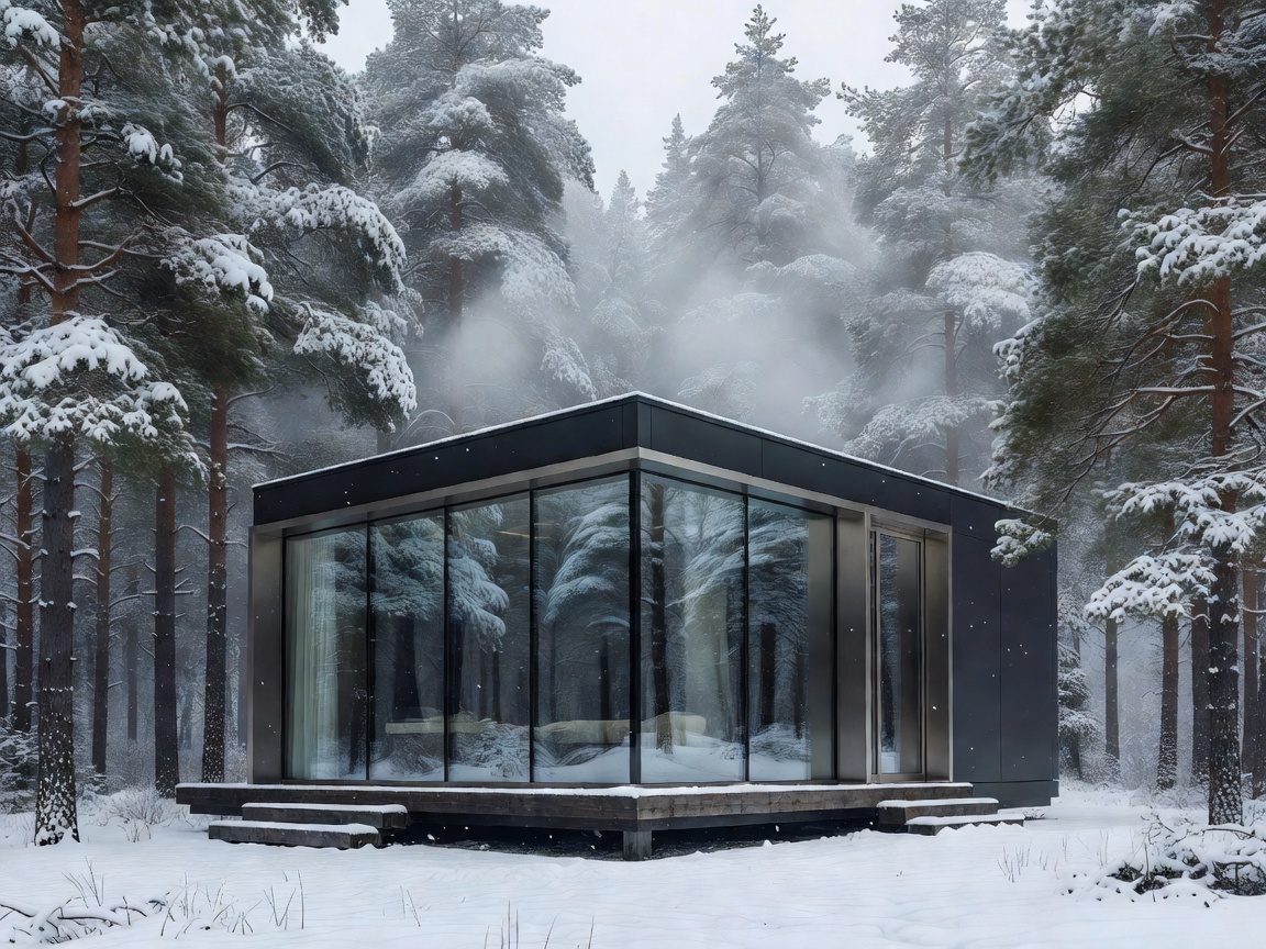 Luxurious pre-fabricated glass-fronted modular cabin standing elegantly in a misty snow-dusted pine forest.