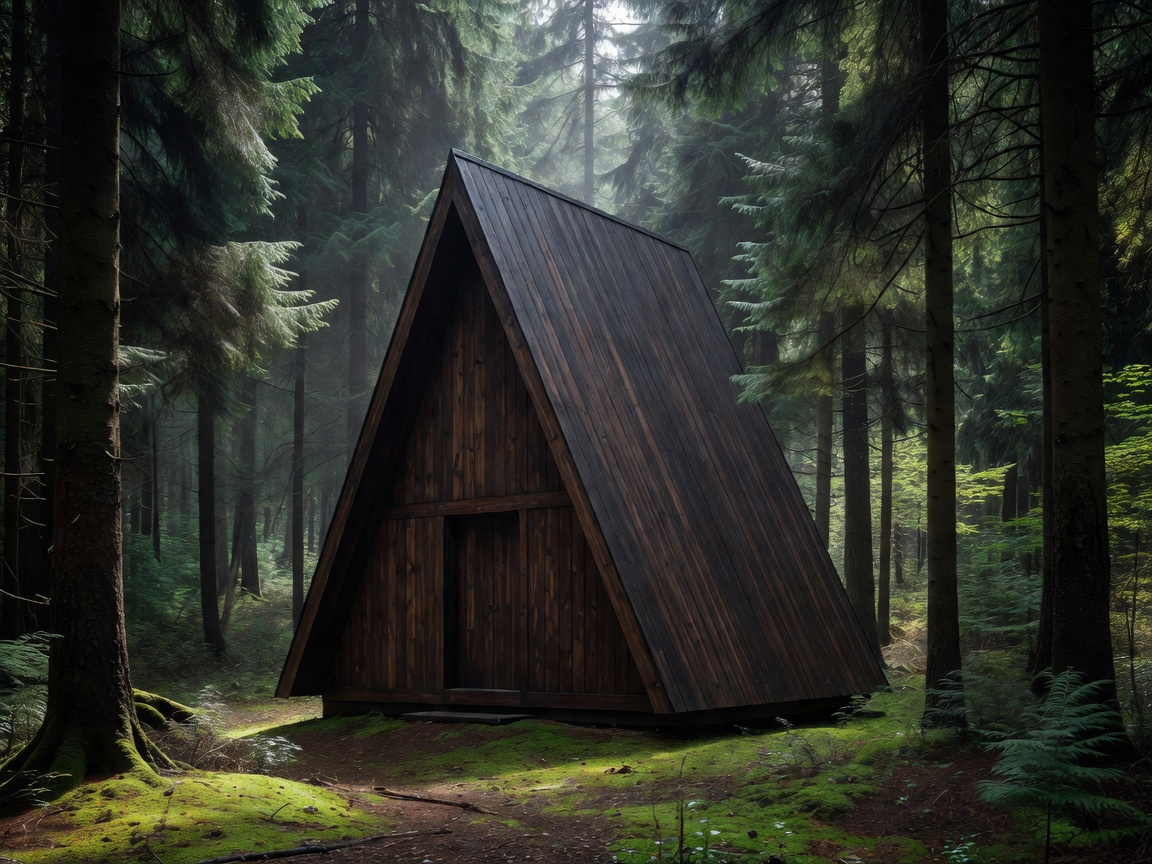 Magnificent dark wood A-frame tower prefab layout sitting elegantly in deep forest.