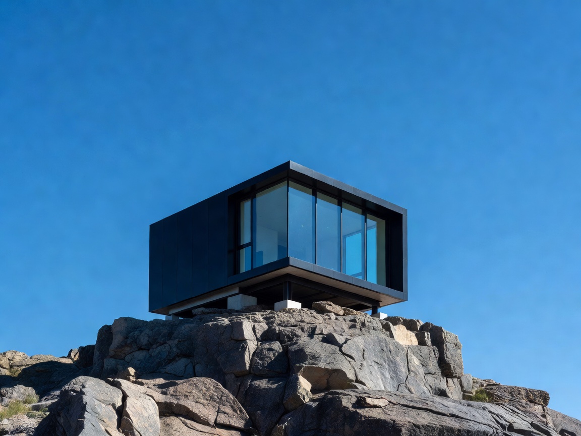 Beautiful compact larch-clad Solo Retreat cabin resting on alpine terrain.