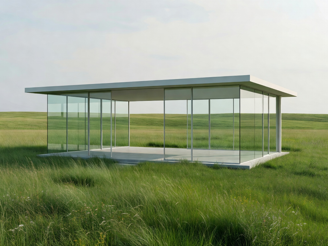Spacious minimalist pavilion with floor-to-ceiling glass wall panels in beautiful grassy meadow.