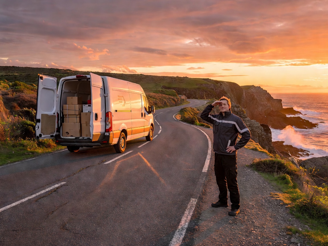Sunset coastal road with delivery context
