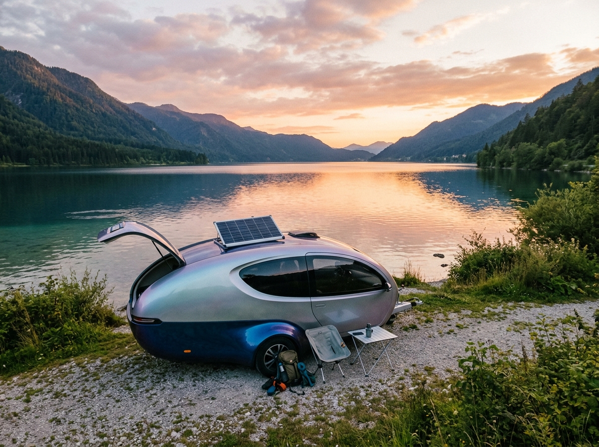 Ultra lightweight aerodynamic road explorer pod set up beside beautiful lake water.