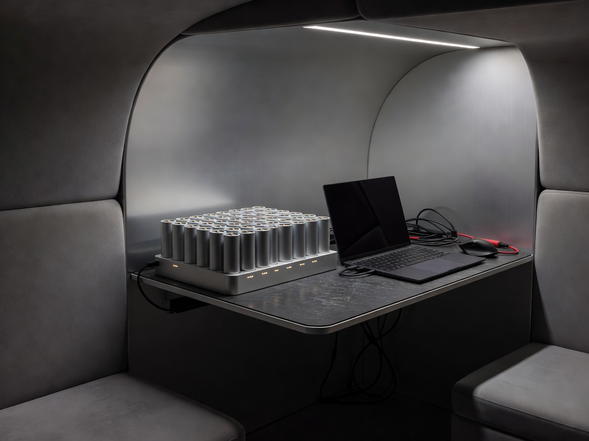 Workspace and custom battery charging bank inside pod